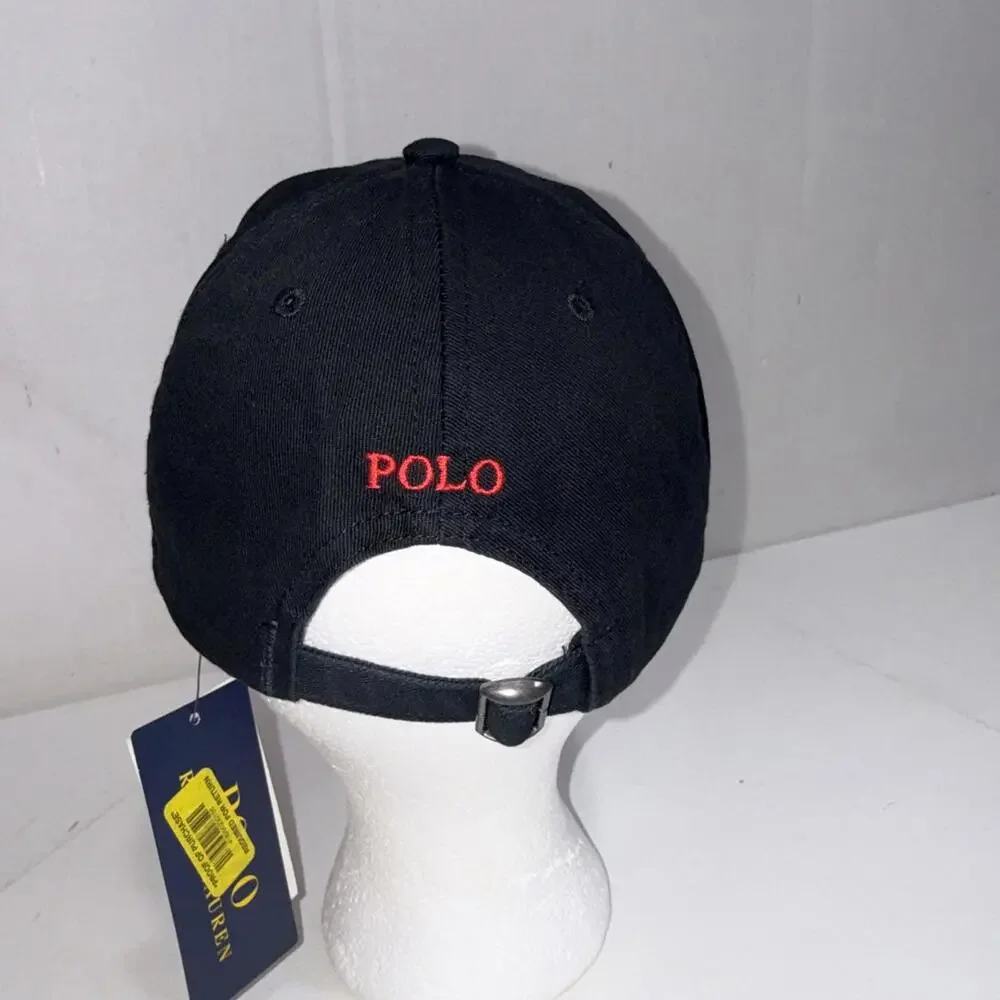 Polo Ralph Lauren Black Strapback Cap‎ Red Pony Size 4-7 Hat New With Defects